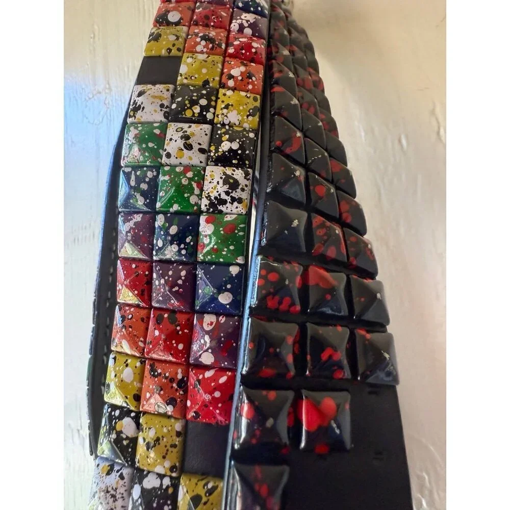 Lot of 2 Studded Punk Rock Belts – Splatter Paint & Red/Black